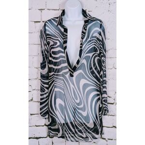 PETER MARTIN 100% Silk Tunic Navy White Sheer Resort Cruise Chic Size Small